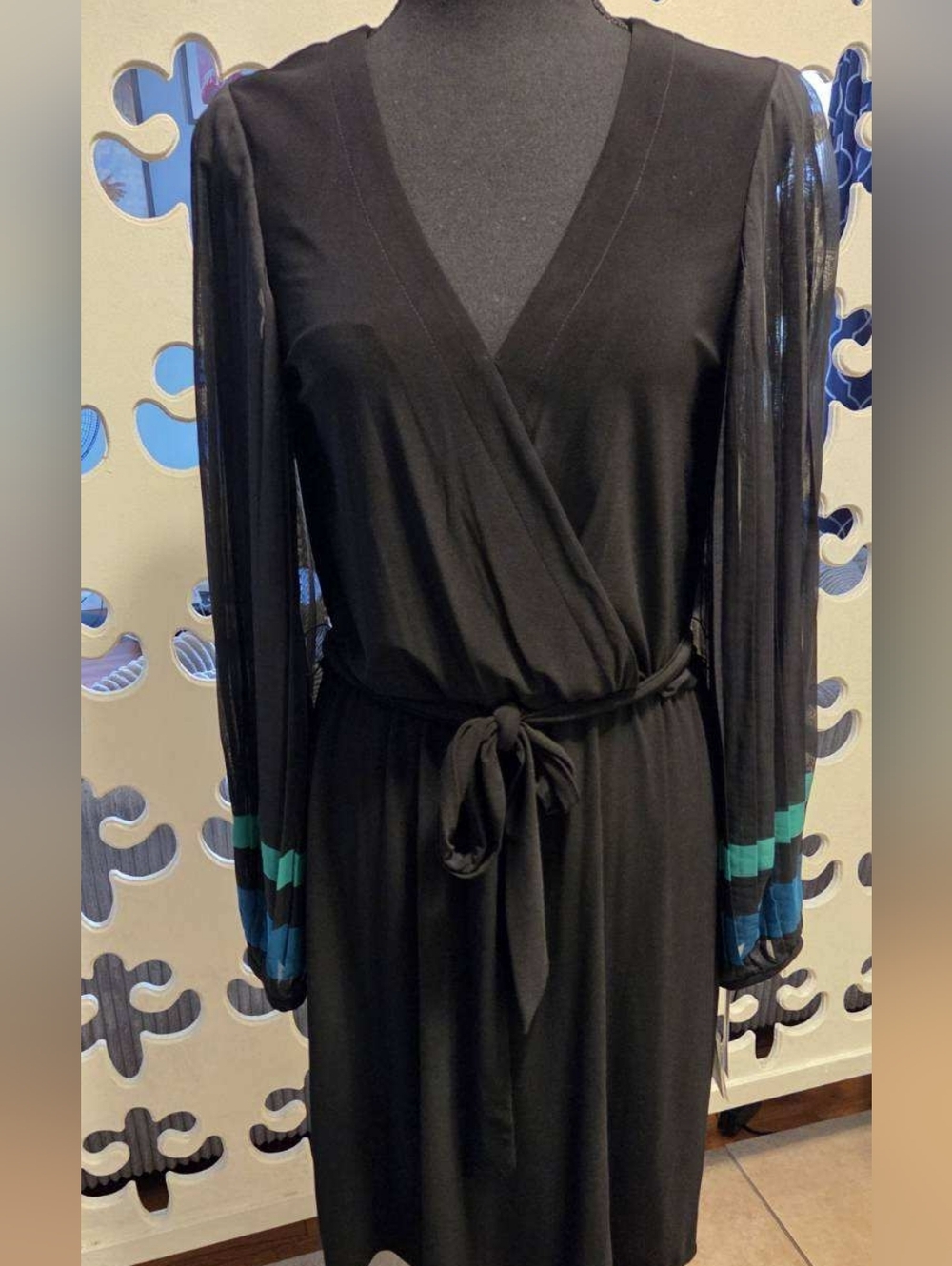 Taylor Dresses Black Wrap Dress with Teal and Blue Sleeve Stripes